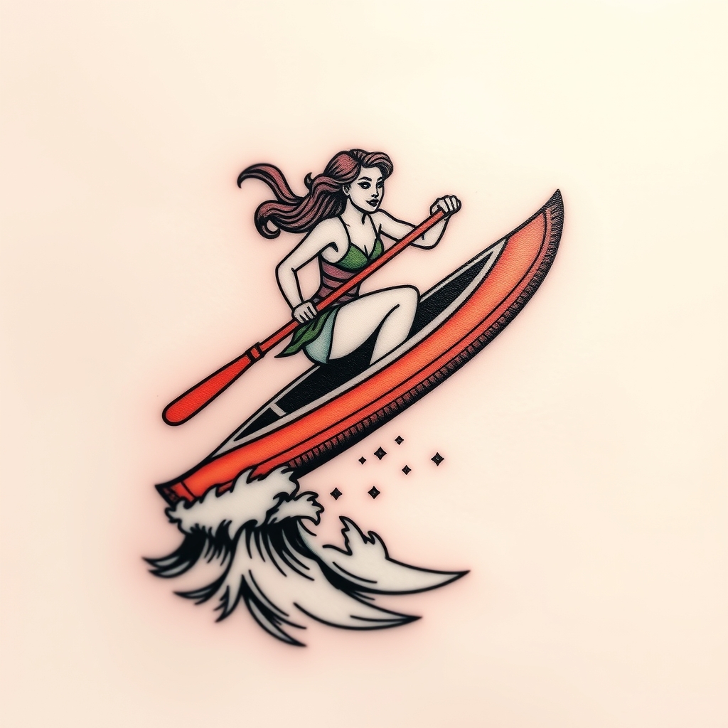 A tattoo design of A strong woman leaping off a canoe into water in the style of geometric. - water sports tattoo design generated by AI tattoo generator