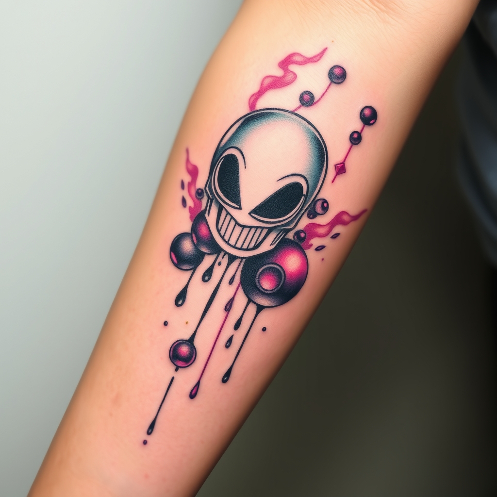 A tattoo design of [Floating Neon Orbs & Geometric Shapes]                    ∙   ◯    Δ    ●                -------------------------------              |         BENDER’S HEAD          |              |      (Chrome, smirking)        |              |     Light reflections, fine     |              | white outline to pop edges.    |               -------------------------------                     ↘ Smoke & cosmic drips flowing                       downwards/pulling toward bicep                             ┏━━━━━━━┓                            ┃ Luci’s┃                            ┃ face  ┃ ← being gently stroked                            ┗━━━━━━━┛                     (Inky velvet textures with                      subtle purple shading)                     ← Luci’s tail curls up;                      tiny wings folded in                    [Pocket watch drips • miniature                    planets • surreal landscape bits]                              |                             ↓           [Melting elements trailing down,            with gold flecks and hot pink highlights] in the style of realistic. - fantasy creatures tattoo design generated by AI tattoo generator