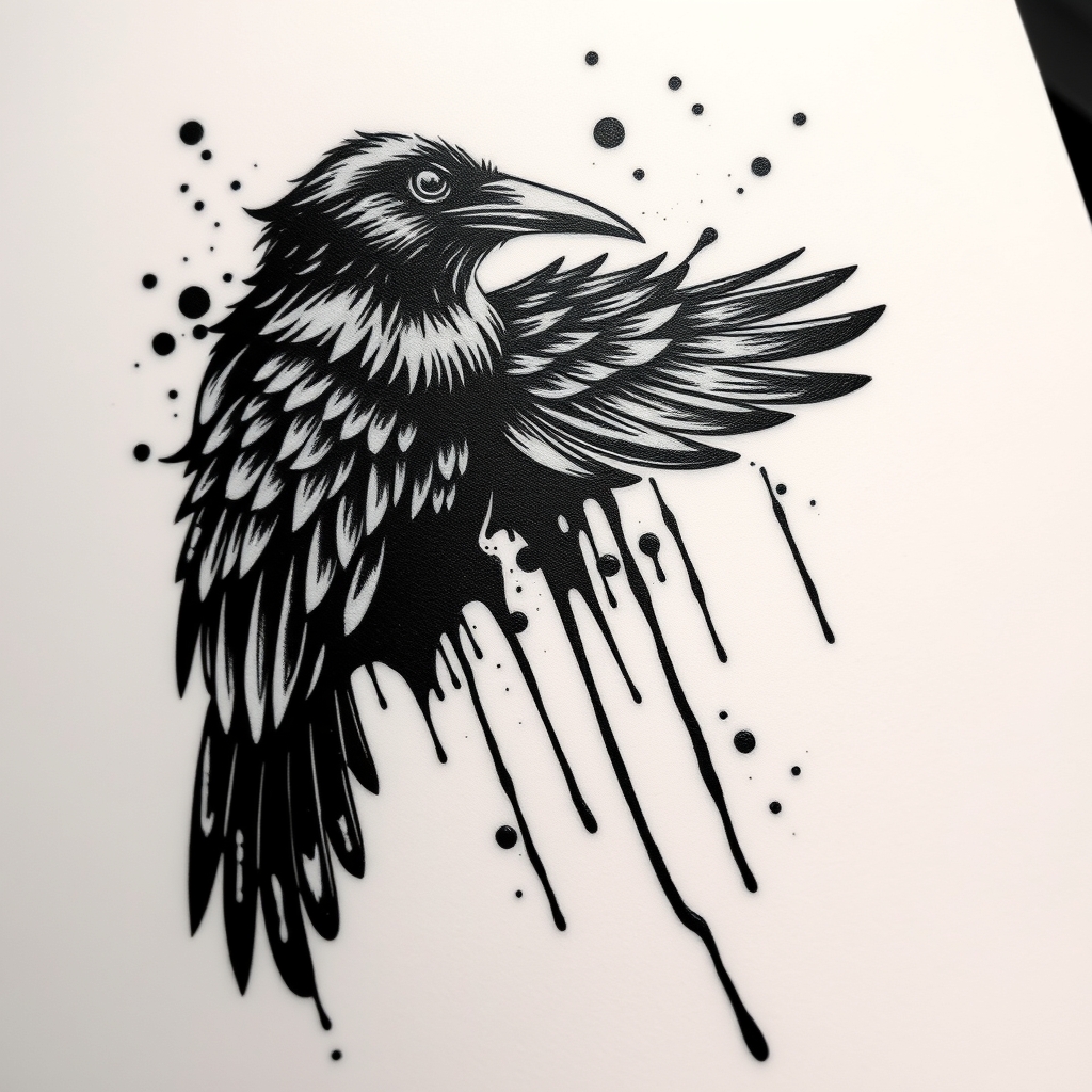 A tattoo design of Black crow paint drip in the style of blackwork. - bird tattoo design generated by AI tattoo generator