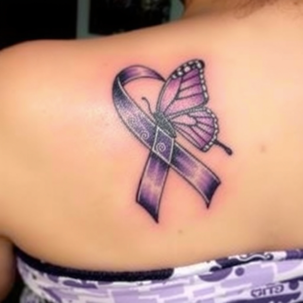 A tattoo design of Domestic violence ribbon awareness inclined together with a purple butterfly in the style of realistic. - domestic violence awareness tattoo design generated by AI tattoo generator