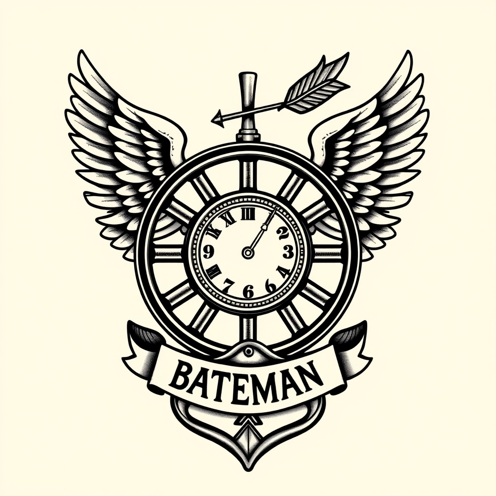 A tattoo design of classic winged wheel with an arrow, timepiece and 1974 motif, badge-crest with "BATEMAN", law enforcement, Father, protector in the style of realistic. - law enforcement badge tattoo design generated by AI tattoo generator