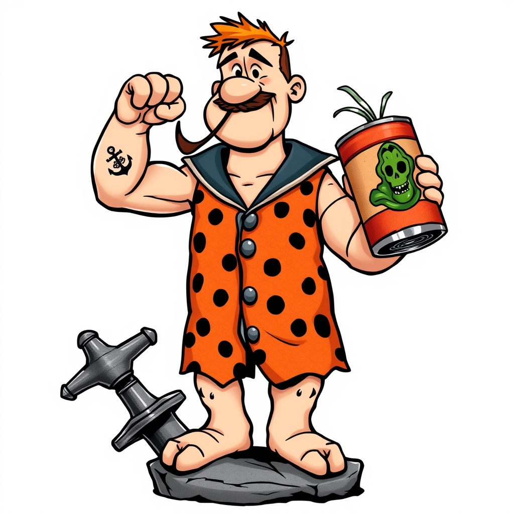 A tattoo design of Head & Face: Fred Flintstone’s rounded face and signature five o’clock shadow, but with Popeye’s squinty eye, pipe, and anchor tattoo on the forearm. Outfit Hybrid: A tattered sailor uniform with the orange and black spotted Flintstone tunic texture; the collar and buttons echo Popeye’s uniform, but made out of rough dino-hide. Arms: Massive, muscular forearms like Popeye’s, but one has a dinosaur skull tattoo instead of the anchor. Accessories: A can of "Spinachasaurus" instead of spinach, popping open with green dino-plant energy bursting out. 🔹 Pose: He’s standing triumphantly on a stone anchor, flexing one arm, while his other hand is hoisting up a big stone can of spinach in the style of traditional. - cartoon characters mashup tattoo design generated by AI tattoo generator