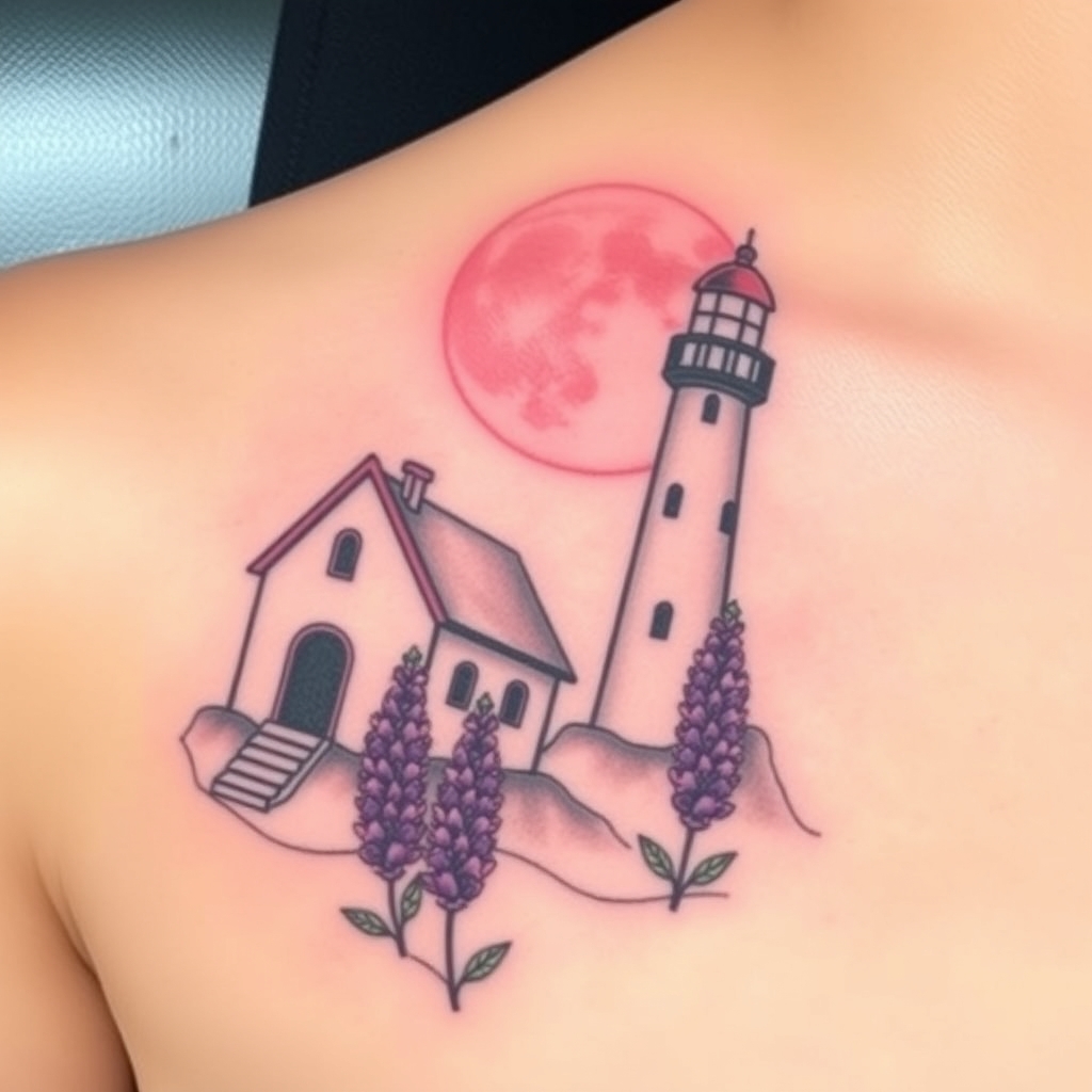 A tattoo design of Chapel and a lighthouse beside it with a pink moon an purple lupines in the style of traditional. - landmarks and nature tattoo design generated by AI tattoo generator