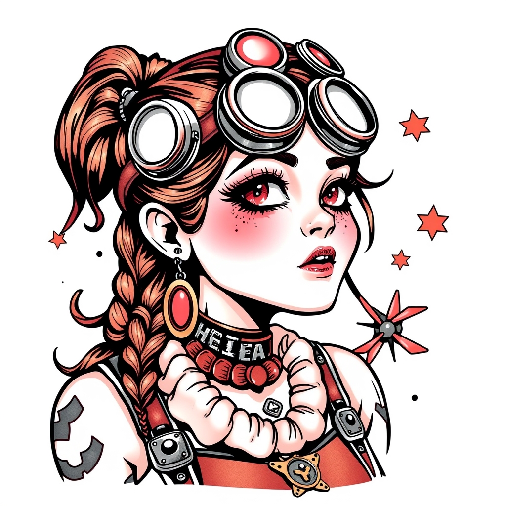 A tattoo design of Steampunk goofy girl in the style of realistic. - steampunk tattoo design generated by AI tattoo generator