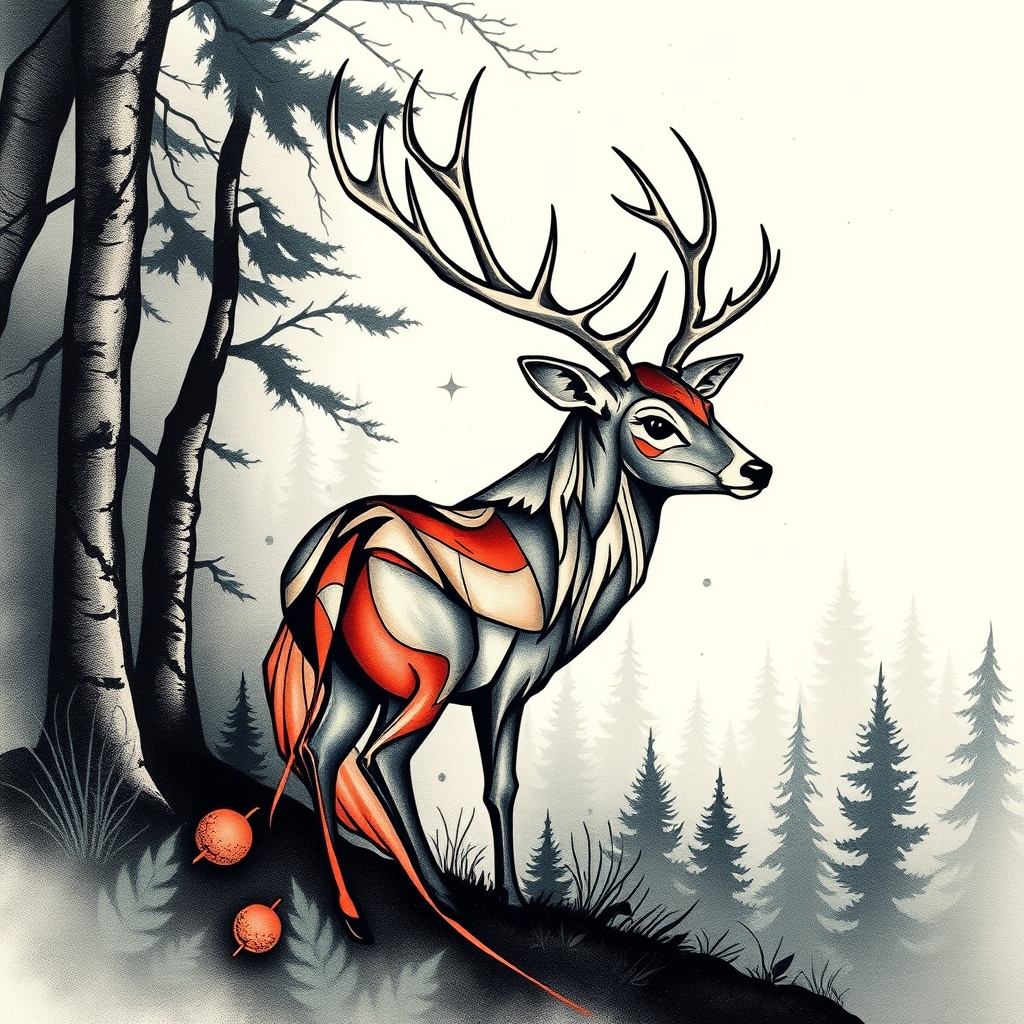 A tattoo design of A beautiful deer in the forest in the style of abstract. - wildlife tattoo design generated by AI tattoo generator