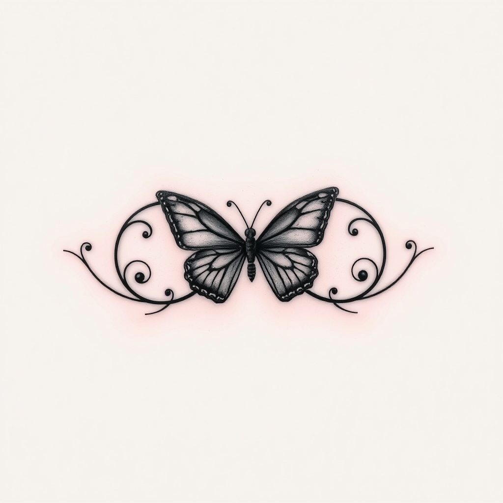 A tattoo design of Infinity symbol name Aaron whith butterfly in the style of blackwork. - infinity symbol tattoo design generated by AI tattoo generator