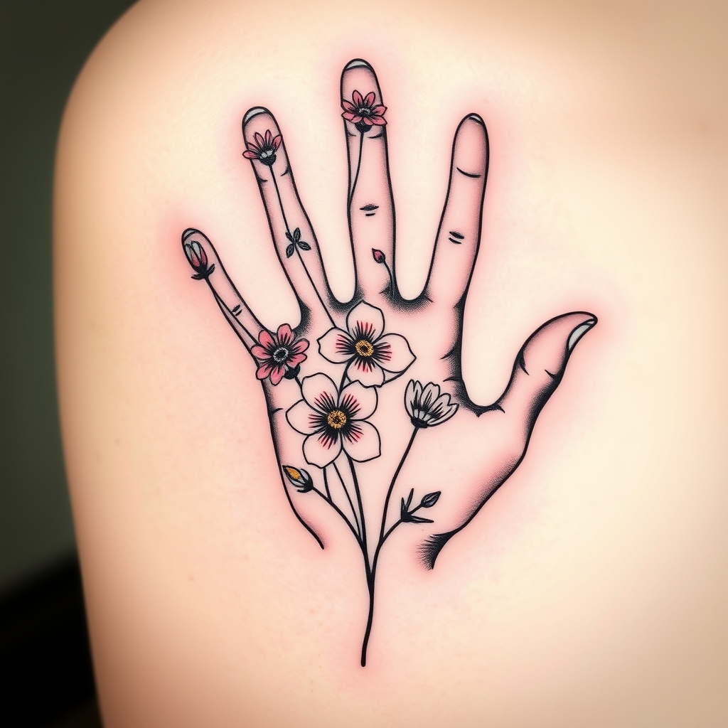 A tattoo design of wild flowers with granddaughters hand print  in the style of realistic. - family memorial tattoo design generated by AI tattoo generator
