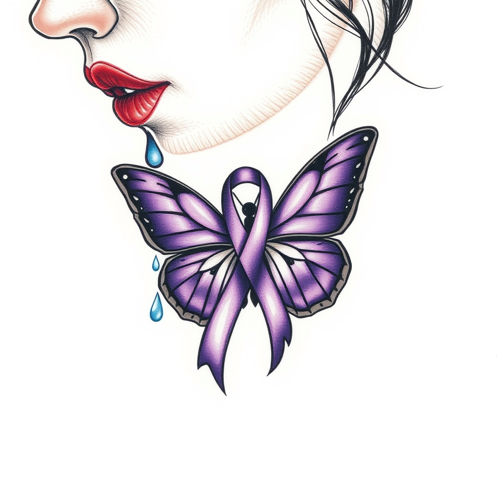 A tattoo design of A tear running down a woman's face with a domestic violence ribbon and a purple butterfly entwined together in the style of traditional. - domestic violence awareness tattoo design generated by AI tattoo generator