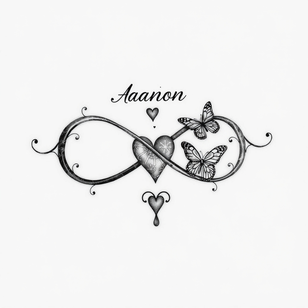 A tattoo design of Infinity symbol namne Aaron whith heart and butterfly in the style of blackwork. - infinity symbol tattoo design generated by AI tattoo generator