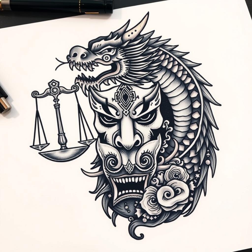 A tattoo design of Libra goddness, dragon and oni mask in the style of japanese. - mythological creatures tattoo design generated by AI tattoo generator