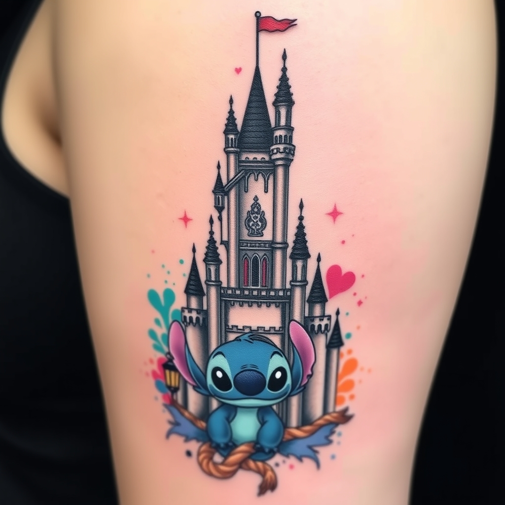 A tattoo design of [Castello Disney stilizzato]          🏰      | Tower | ← Rapunzel braid wraps here    ~~~~~~~~       ··   lanterns around    🕯    🕯    🕯     Stitch con palloncino-topo di fronte      (circa 4–5 cm)     Acquerello sfumato:    blu – celeste – lilla – rosa – fucsia    come splash dietro/attorno al castello in the style of realistic. - disney castle tattoo design generated by AI tattoo generator