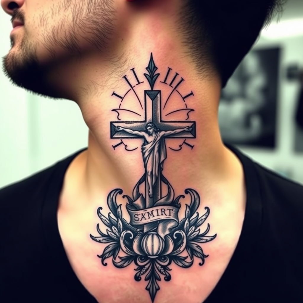 A tattoo design of christian themed neck tattooo for a male in the style of realistic. - christian tattoos tattoo design generated by AI tattoo generator