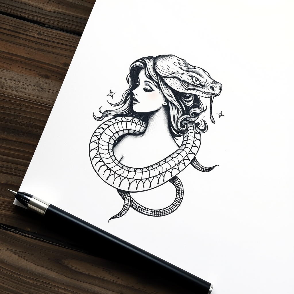 A tattoo design of b/w snake ςραπ vintage woman on white paper in the style of blackwork. - vintage woman tattoo design generated by AI tattoo generator
