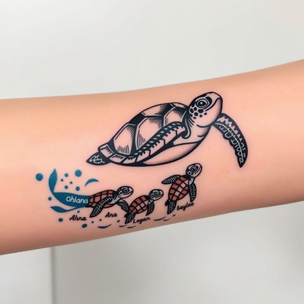 A tattoo design of A momma sea turtle swimming toward the word ohana with 3 baby sea turtles following behind in a stream of water with the names Ana Logan and baylee by the baby sea turtles. The baby sea turtles looking like Finding Nemo sea turtles tattoo for forearm  in the style of geometric. - sea turtles tattoo design generated by AI tattoo generator