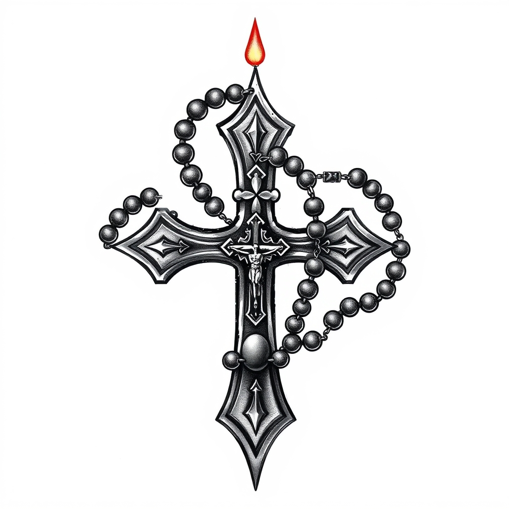 A tattoo design of Rosary wrapped around Ukrainian Orthodox Cross in the style of traditional. - religious symbol tattoo design generated by AI tattoo generator