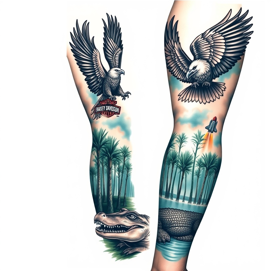 A tattoo design of Right arm full sleeve with the upper containing Harley Davidson theme with eagles mixed with the lower of Florida cypress swamp theme with alligator and space shuttle launch in the background in the style of realistic. - motorcycle and wildlife tattoo design generated by AI tattoo generator