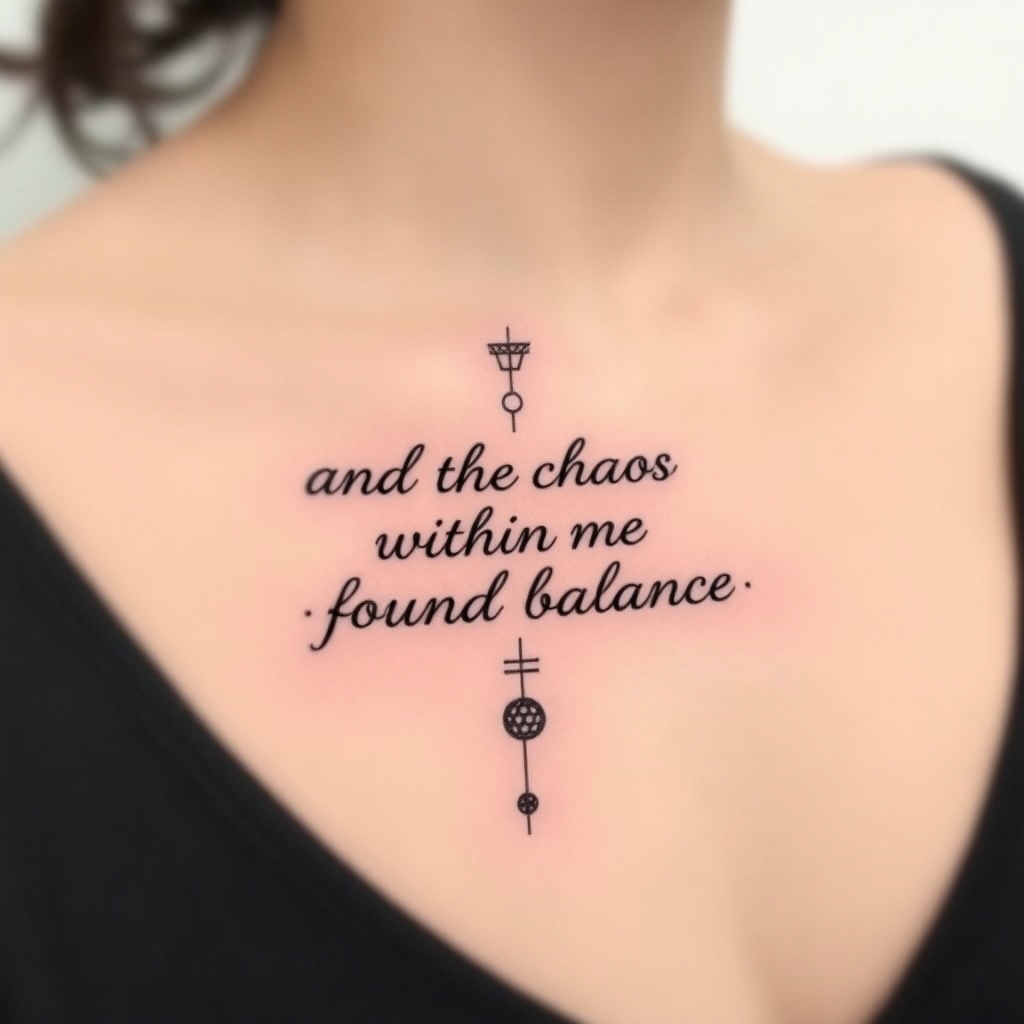 A tattoo design of  feminine of the saying "and the chaos within me found balance in the style of minimalist. - inner balance tattoo design generated by AI tattoo generator