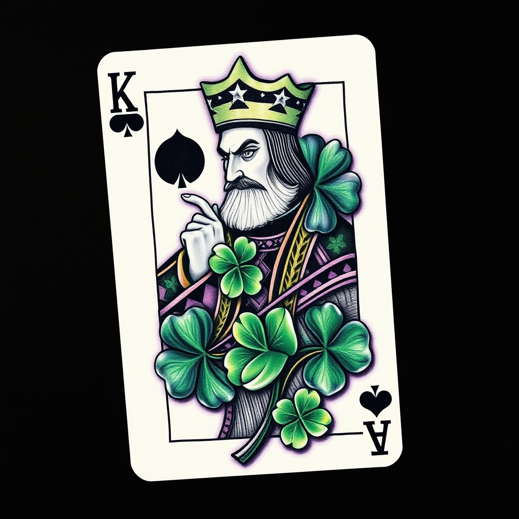 A tattoo design of I would like a 3d photo realistic playing card, the king of 4 leaf clovers, with black, green, and purple ink, maybe some white ink for highlighting. NO red ink. in the style of blackwork. - playing cards tattoo design generated by AI tattoo generator