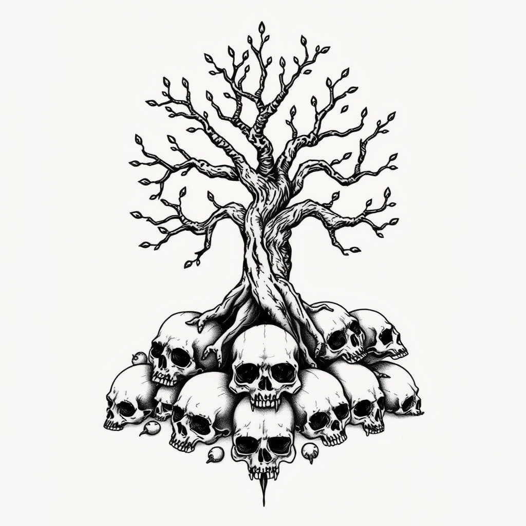 A tattoo design of Yggdrasil growing from a pile of skulls in the style of blackwork. - mythology tattoo design generated by AI tattoo generator