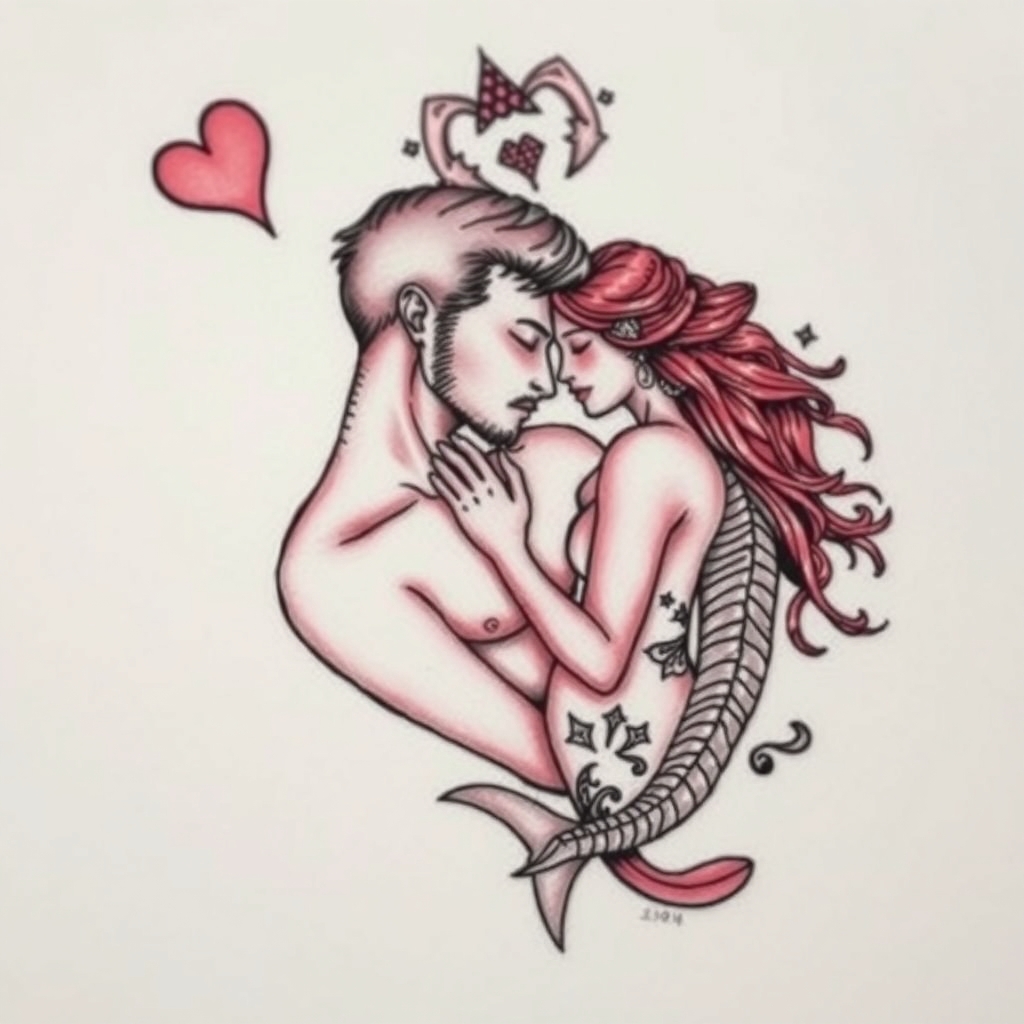 A tattoo design of ♋ cancer man pisces woman love  in the style of surrealistic. - astrology symbols tattoo design generated by AI tattoo generator