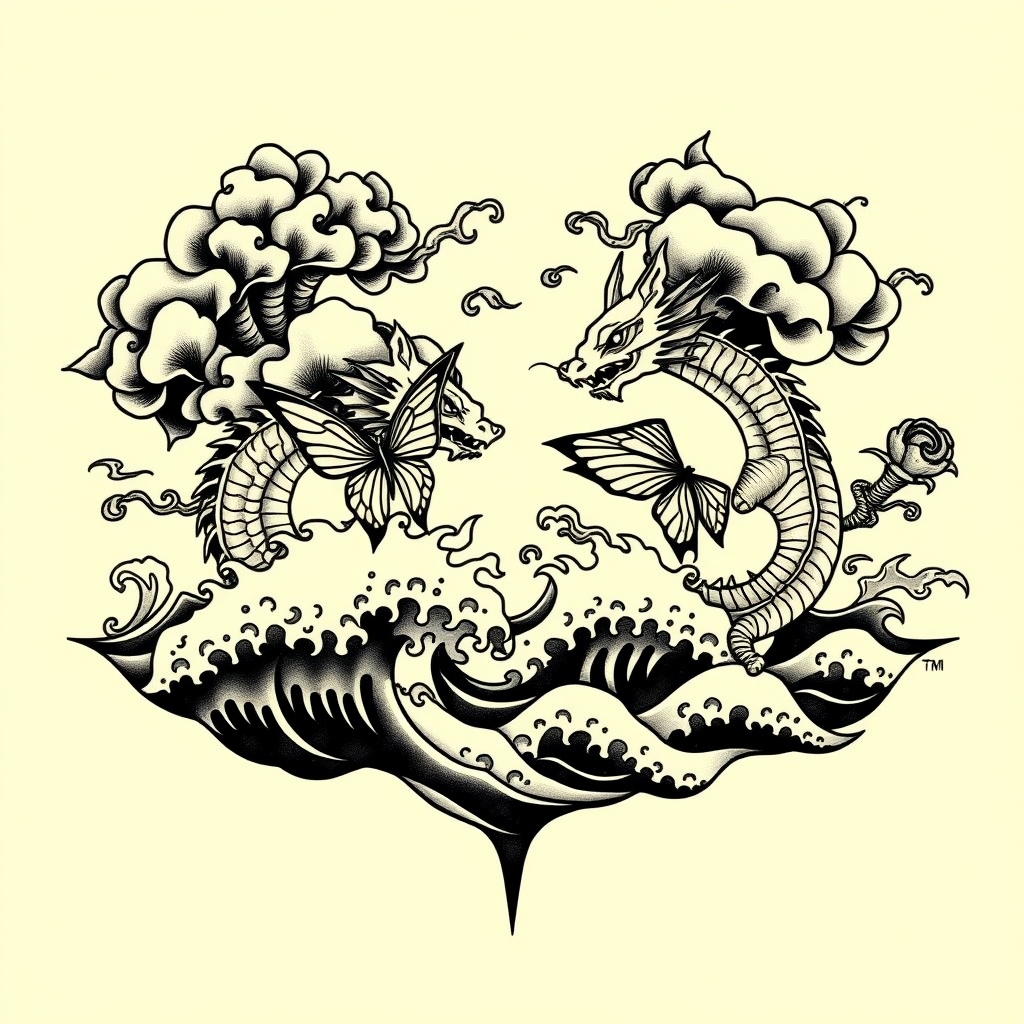 A tattoo design of Swirling clouds intertwined with butterfly dragons over Japanese style ocean waves over  in the style of geometric. - japanese wave tattoo design generated by AI tattoo generator