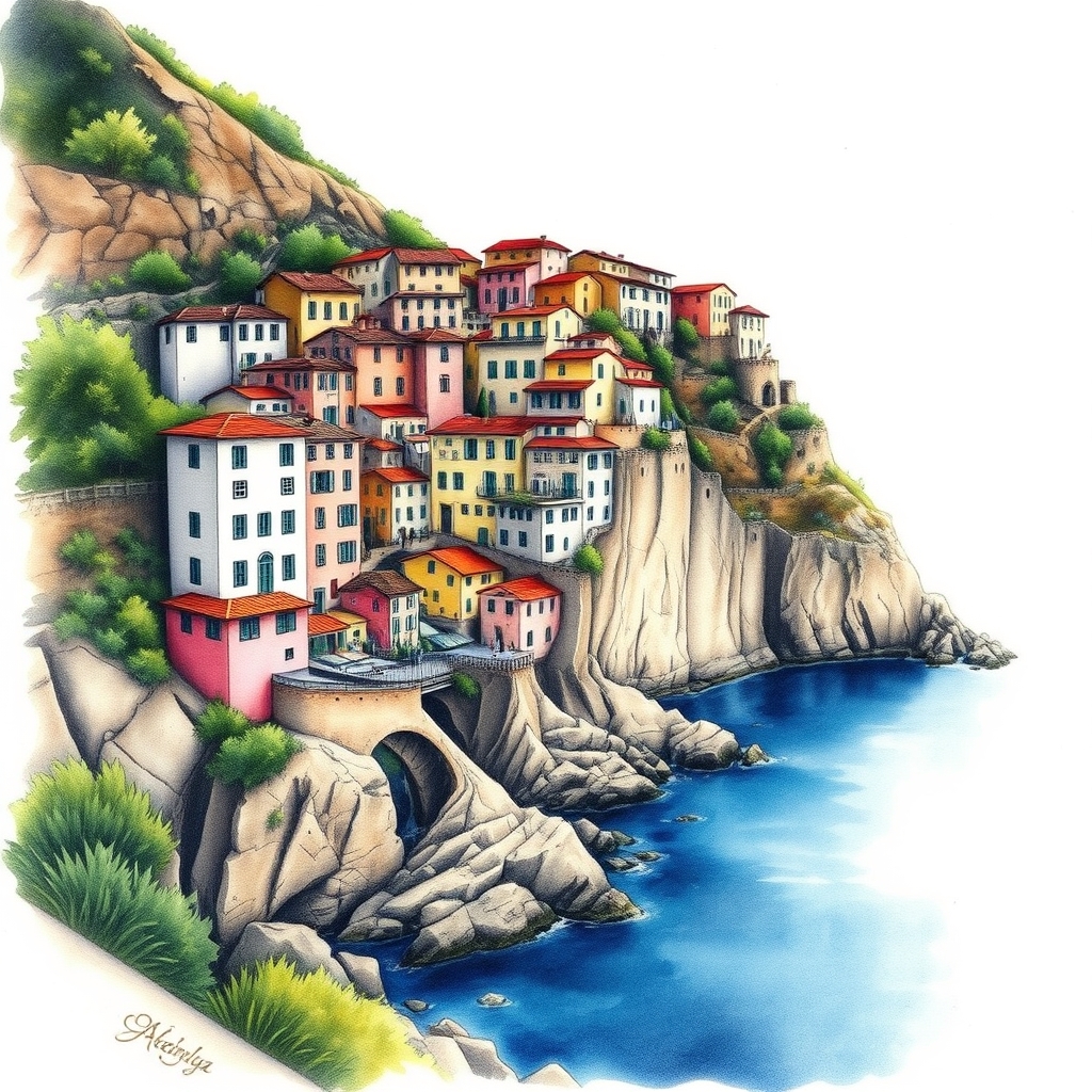 A tattoo design of Cinque Terre landscape by Syd Mead in the style of watercolor. - landscape tattoo design generated by AI tattoo generator