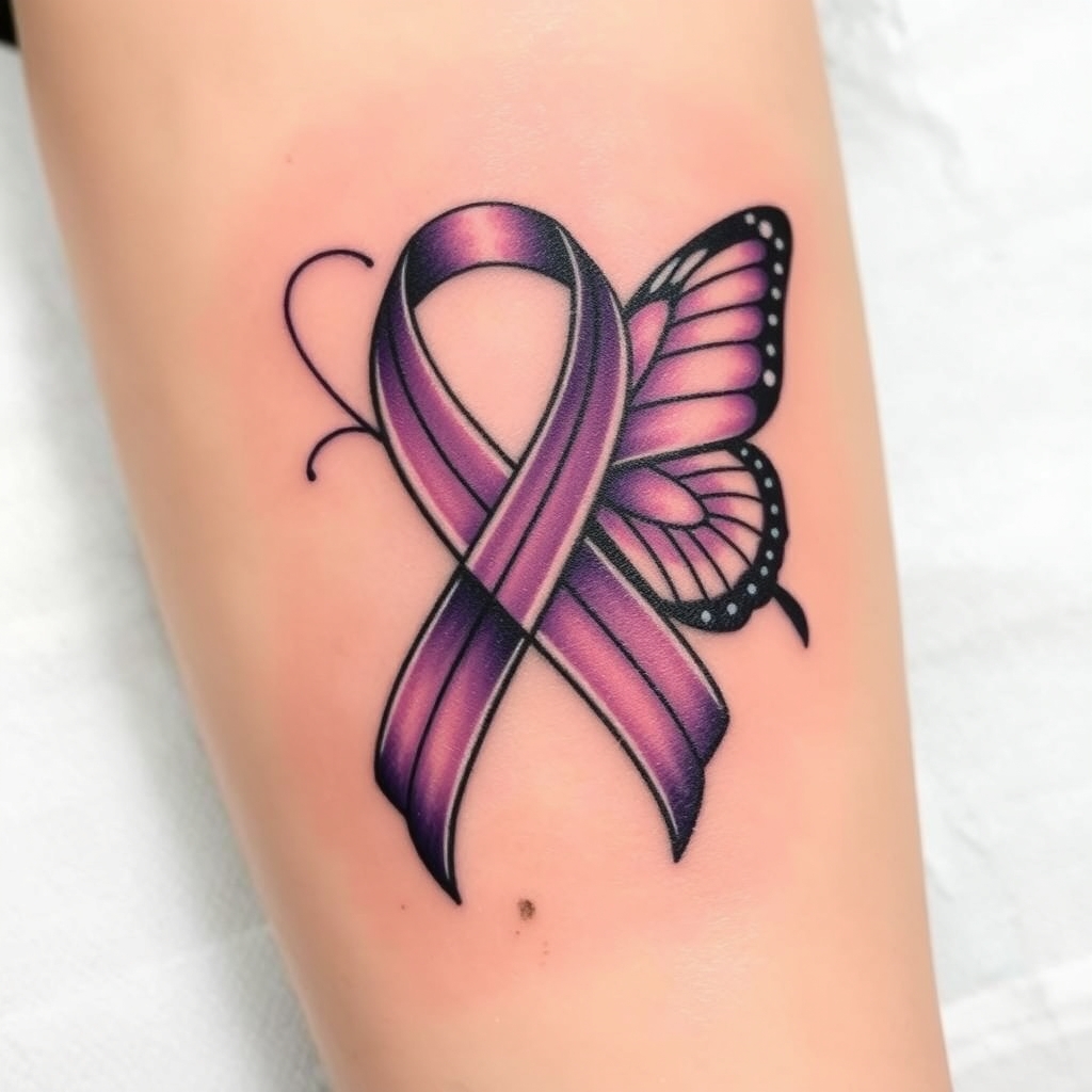 A tattoo design of Domestic violence ribbon awareness inclined together with a purple butterfly  in the style of japanese. - domestic violence awareness tattoo design generated by AI tattoo generator
