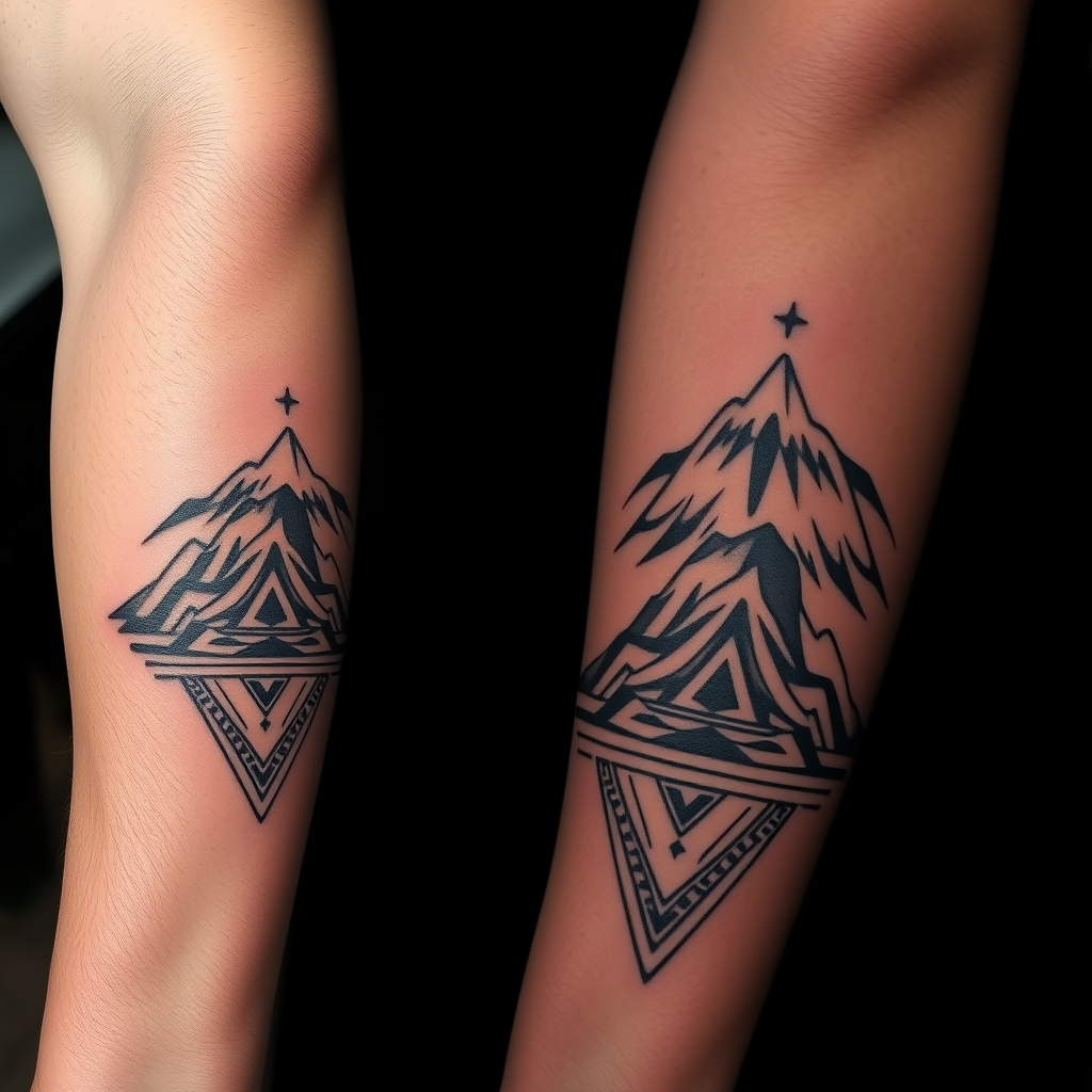 A tattoo design of Long Masculine peruvian tattoo for a forearm with mountains in the style of geometric. - mountains tattoo design generated by AI tattoo generator