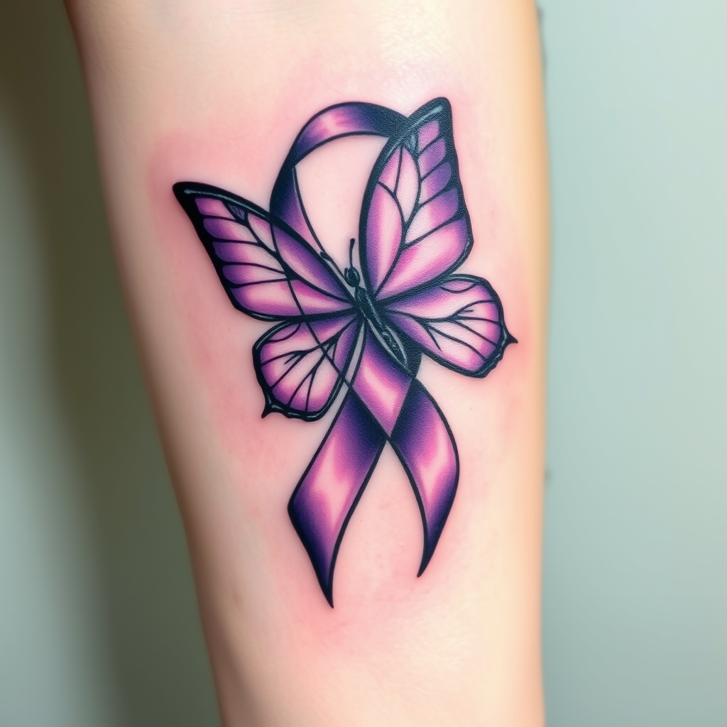 A tattoo design of Domestic violence ribbon awareness inclined together with a purple butterfly in the style of abstract. - domestic violence awareness tattoo design generated by AI tattoo generator