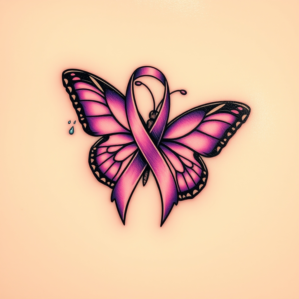A tattoo design of  crying with the domestic awareness ribbon with a purple butterfly entwined together in the style of traditional. - mental health awareness tattoo design generated by AI tattoo generator