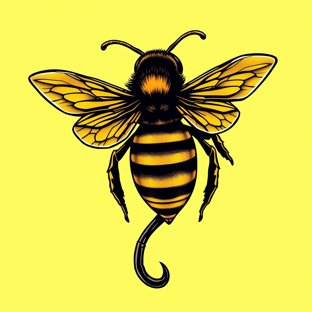 A tattoo design of The candyman bee with the hook coming out the rear in black and yellow neon in the style of realistic. - insect tattoo design generated by AI tattoo generator