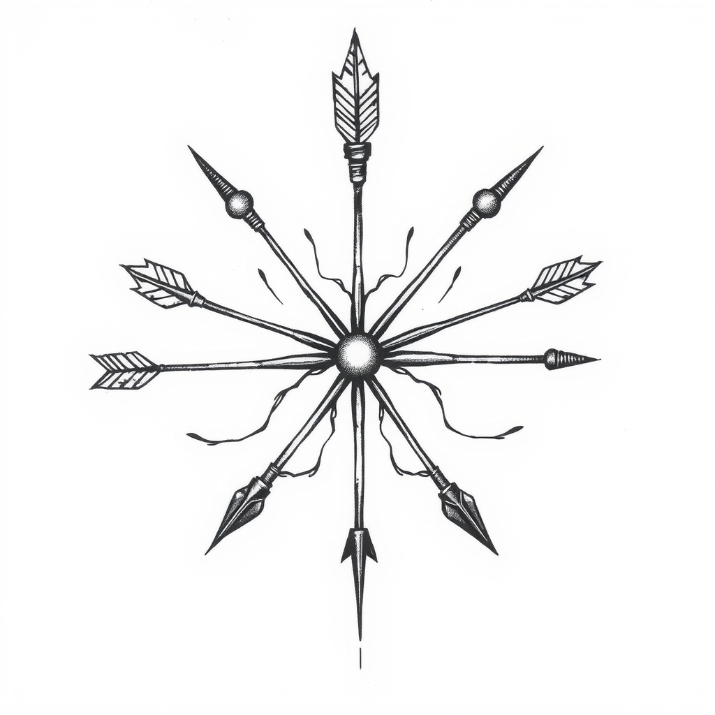 A tattoo design of three interlocking bows and arrows spiraling from a center ppint in the style of traditional. - bows and arrows tattoo design generated by AI tattoo generator