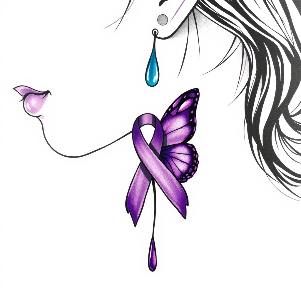 A tattoo design of A tear running down a woman's face with a domestic violence ribbon and a purple butterfly entwined together in the style of minimalist. - domestic violence awareness tattoo design generated by AI tattoo generator