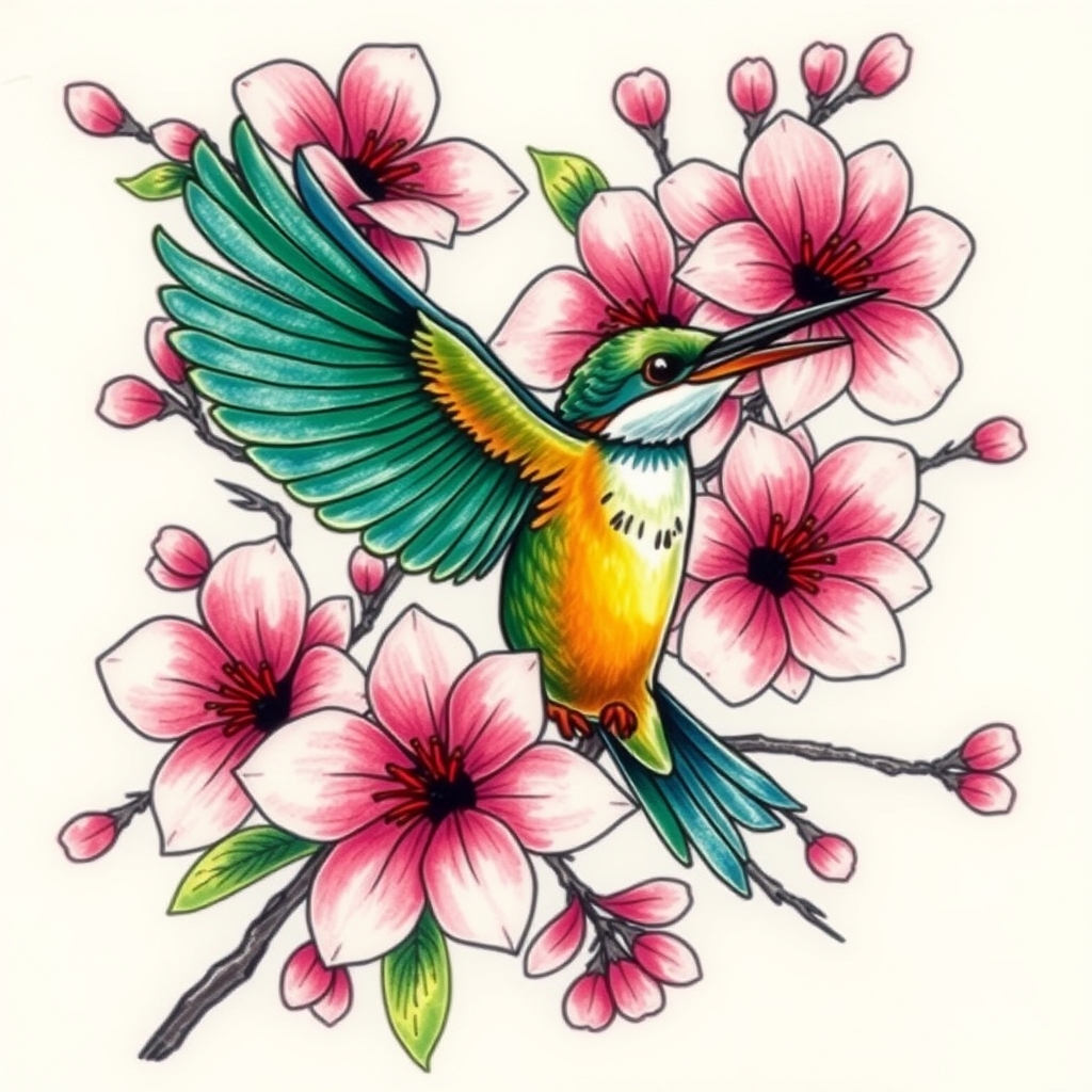 A tattoo design of Bunches of pink cherry blossoms with green and blue kingfisher in flight in the style of abstract. - nature tattoo design generated by AI tattoo generator