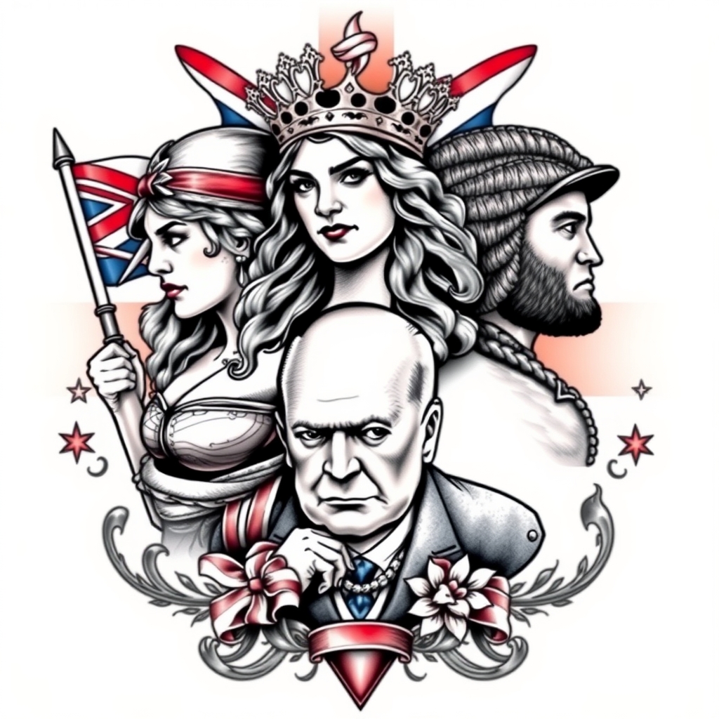 A tattoo design of Patriotic British tattoo with Boudicca and Britannia and Churchill in the style of realistic. - british history tattoo design generated by AI tattoo generator