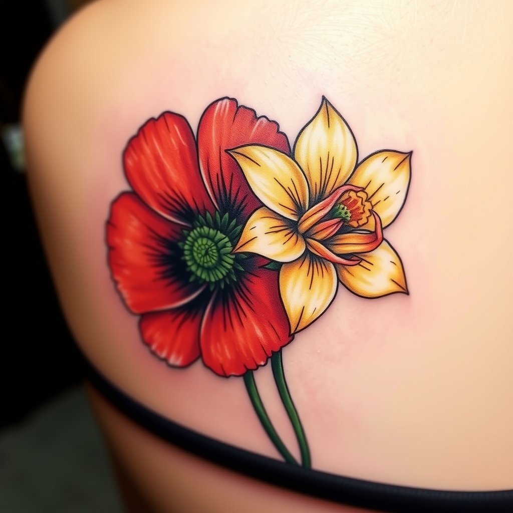 A tattoo design of  tattoo of a poppy and narcissus flower next to each other in one in the style of realistic. - flowers tattoo design generated by AI tattoo generator