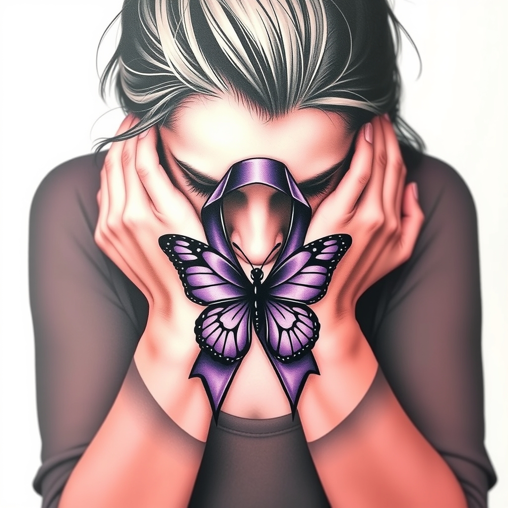 A tattoo design of Domestic violence ribbon awareness inclined together with a purple butterfly as a women hunched over her hands overing her face in the style of abstract. - domestic violence awareness tattoo design generated by AI tattoo generator