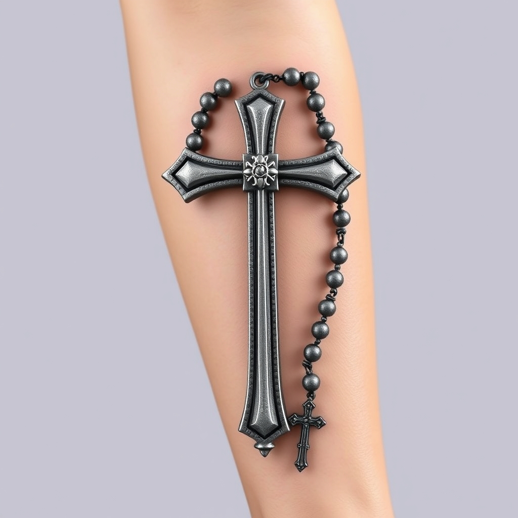 A tattoo design of Here’s a refined visual mockup of your final tattoo design: --- 🎨 Final Design Mockup — Realistic Ukrainian Orthodox Cross + Rosary Cross: A vertically aligned Ukrainian Orthodox cross featuring all three traditional bars—the short top beam (INRI), the long middle bar, and the slanted bottom beam (higher on the left, lower on the right). It’s rendered in brushed metal texture—suggestive of aged silver or iron—with soft bevels and fine distressed details for depth and authenticity. Rosary: Based on your preferred reference, the realistic rosary wraps elegantly around the cross, spiraling naturally around both the cross and your right forearm: 59 lifelike beads with individual highlights and shadows for a 3D effect. The crucifix end gracefully trails toward your wrist, completing the chain. Placement & Scale: Designed to sit on the outer right forearm, oriented vertically. The piece measures around 5–7 inches in height (adjustable to your arm’s shape), ensuring a balanced and impactful look. --- ✅ What’s Next? 1. Share this mockup with your tattoo artist for precise drafting—adjust bead size, cross angles, and metal finish to match your arm’s proportions. 2. Choose your final metal finish: Brushed steel Hammered texture Polished silver highlights 3. If you'd like personal engravings, options include: Adding initials, a special date, or a faint Tryzub symbol etched into the cross beam. in the style of realistic. - religion christianity tattoo design generated by AI tattoo generator