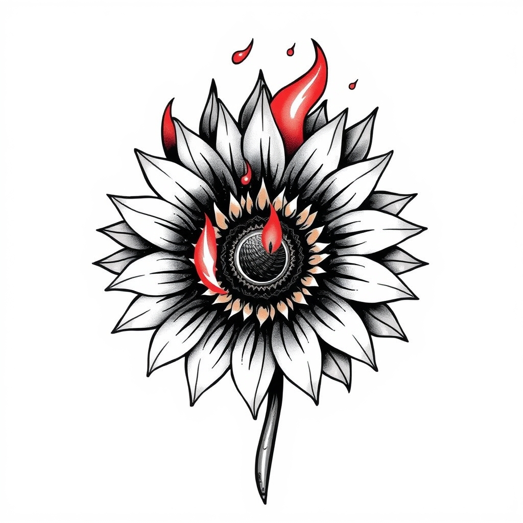 A tattoo design of A sunflower with fire  in the style of abstract. - flowers tattoo design generated by AI tattoo generator