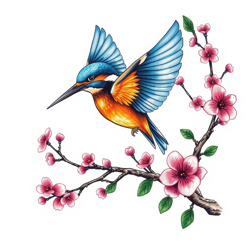 A tattoo design of blue and orange kingfisher in flight with pink cherry blossom tree in the style of abstract. - birds and nature tattoo design generated by AI tattoo generator