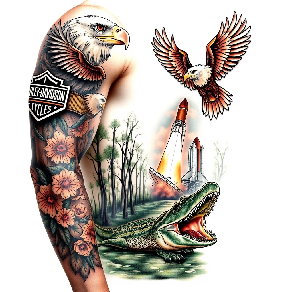 A tattoo design of Right arm full sleeve with the upper containing Harley Davidson theme with eagles mixed with the lower of Florida cypress swamp theme with alligator and space shuttle launch in the background  in the style of realistic. - motorcycle and wildlife tattoo design generated by AI tattoo generator