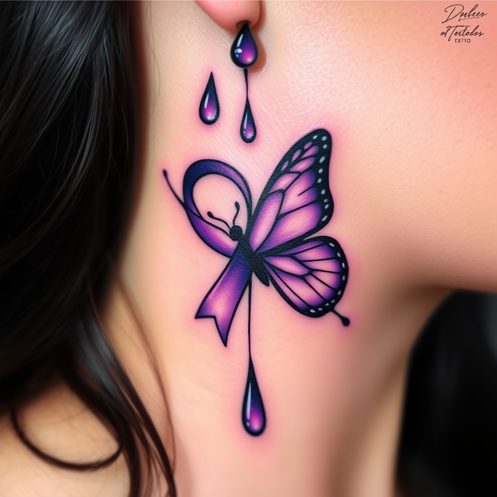 A tattoo design of A tear running down a woman's face with a domestic violence ribbon and a purple butterfly entwined together in the style of abstract. - domestic violence awareness tattoo design generated by AI tattoo generator