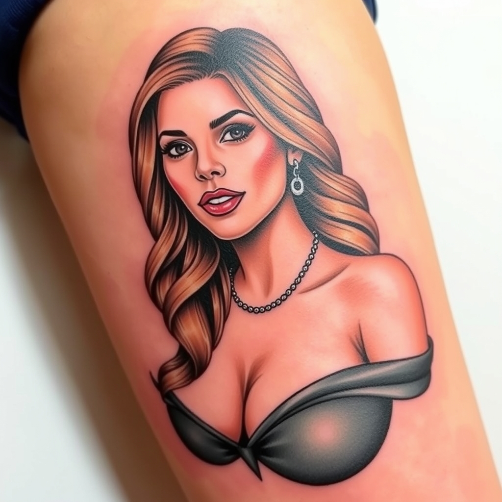 A tattoo design of Sofia Vergara in the style of realistic. - celebrity portrait tattoo design generated by AI tattoo generator