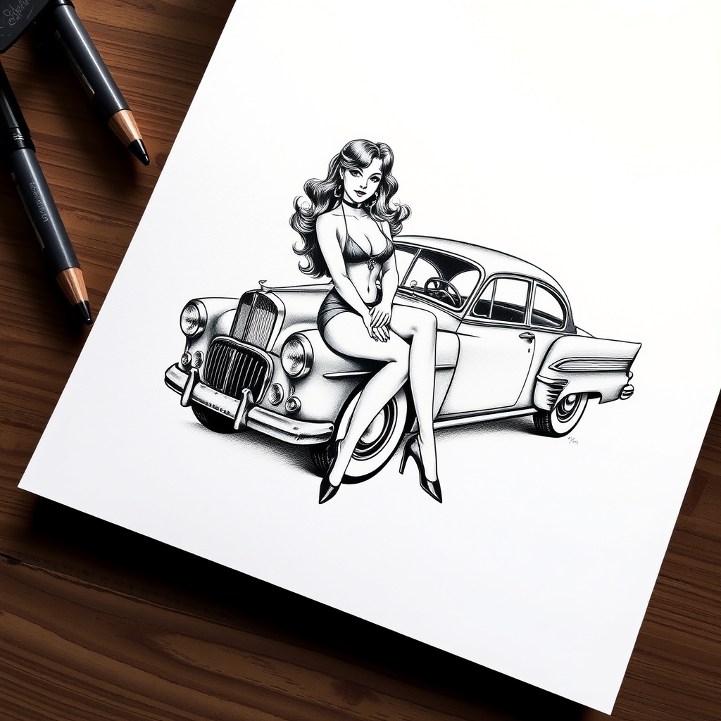 A tattoo design of b/w pinup girl on a vintage car on white paper in the style of realistic. - pinup girl tattoo design generated by AI tattoo generator