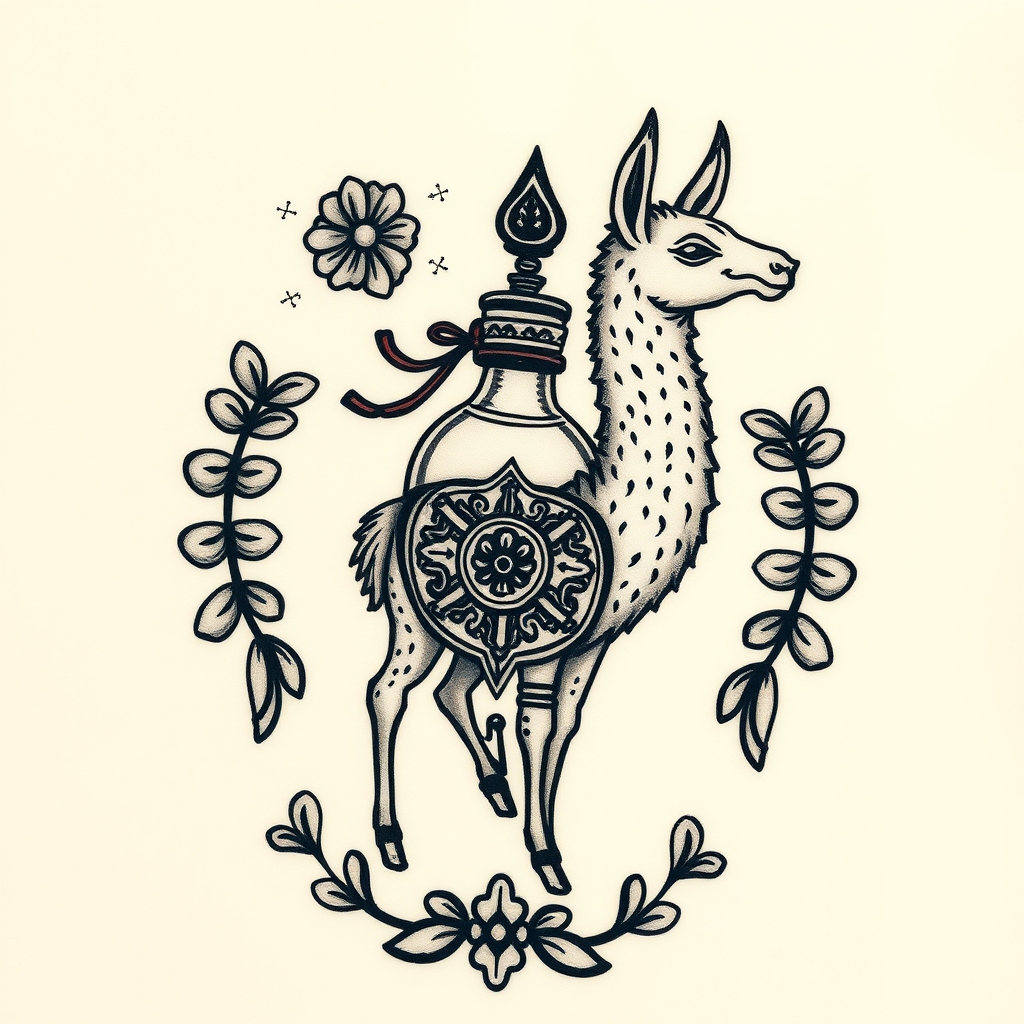 A tattoo design of kuzco poison bottle, with essence of llama in the style of traditional. - movies and tv tattoo design generated by AI tattoo generator