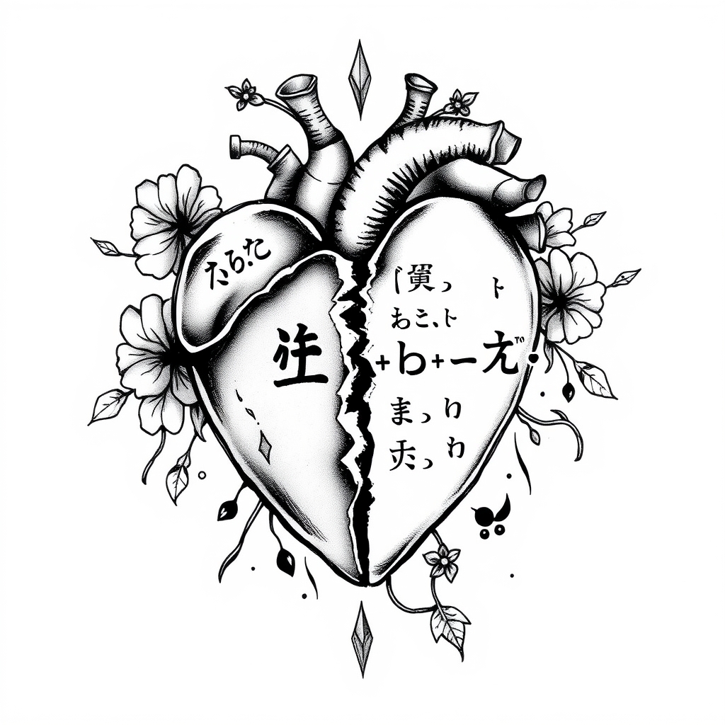 A tattoo design of Diabet broken heart insulin formula fantasy  in the style of japanese. - medical condition tattoo design generated by AI tattoo generator