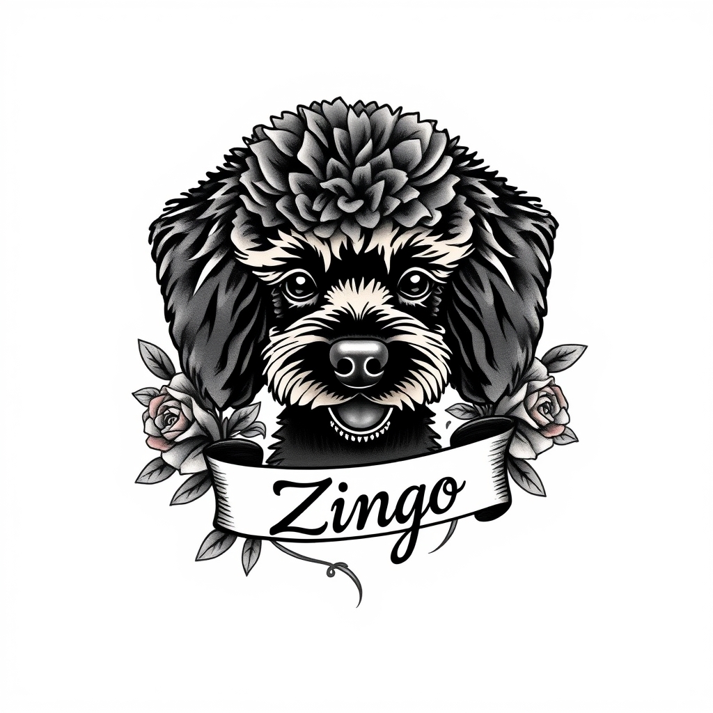 A tattoo design of Adult Black poodle head with a banner saying ”Zingo”. Should have some nice frame look like roses, leafs or something fitting a traditional tattoo in the style of traditional. - animal portrait tattoo design generated by AI tattoo generator