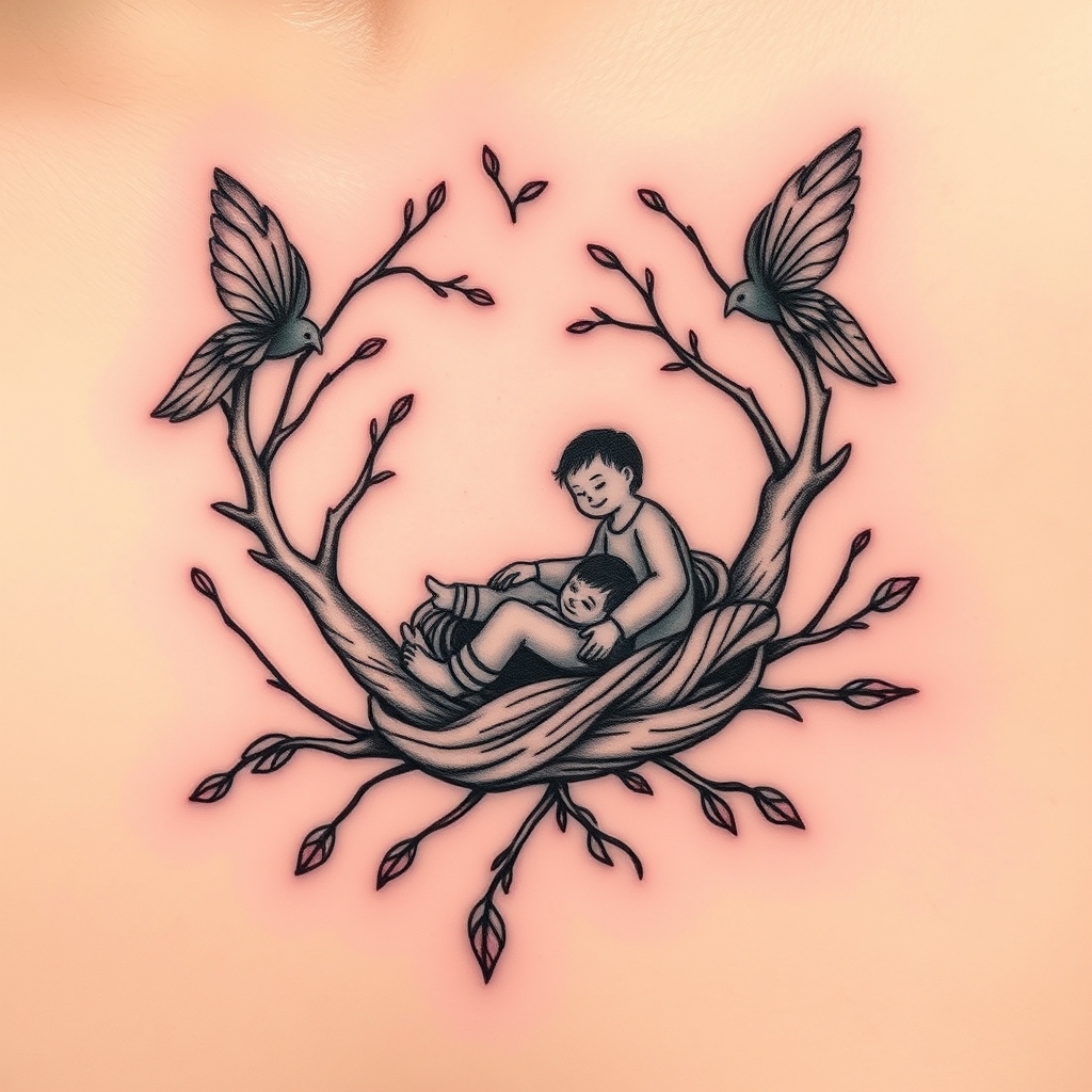 A tattoo design of Empty nest of a mom with deep connection to her 2 grown boys in the style of traditional. - family love tattoo design generated by AI tattoo generator