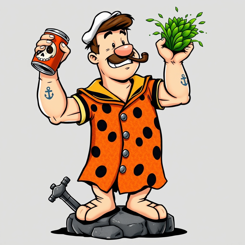 A tattoo design of Head & Face: Fred Flintstone’s rounded face and signature five o’clock shadow, but with Popeye’s squinty eye, pipe, and anchor tattoo on the forearm. Outfit Hybrid: A tattered sailor uniform with the orange and black spotted Flintstone tunic texture; the collar and buttons echo Popeye’s uniform, but made out of rough dino-hide. Arms: Massive, muscular forearms like Popeye’s, but one has a dinosaur skull tattoo instead of the anchor. Accessories: A can of "Spinachasaurus" instead of spinach, popping open with green dino-plant energy bursting out. 🔹 Pose: He’s standing triumphantly on a stone anchor, flexing one arm, while his other hand is hoisting up a big stone can of spinach in the style of traditional. - cartoon characters tattoo design generated by AI tattoo generator