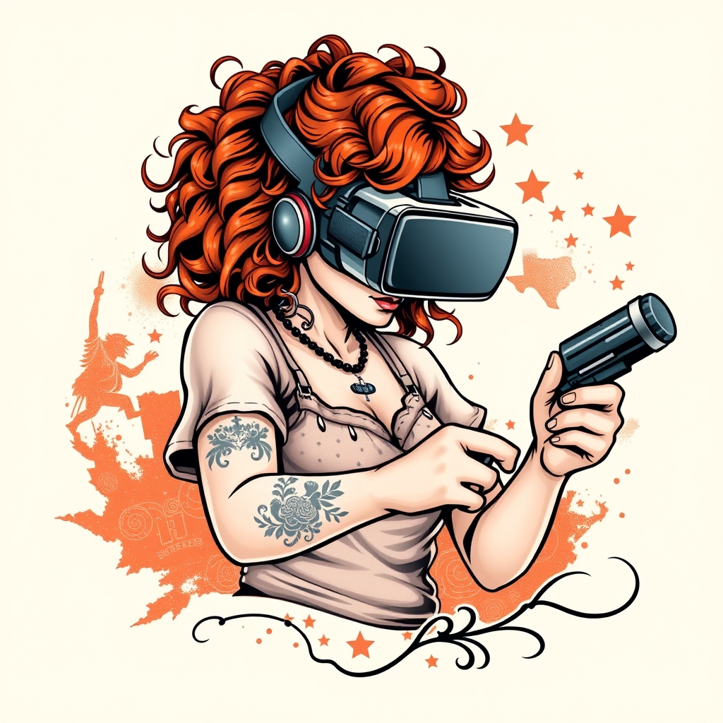 A tattoo design of Redhead girl with curly hair playing vr with a Texas theme background in the style of realistic. - virtual reality tattoo design generated by AI tattoo generator